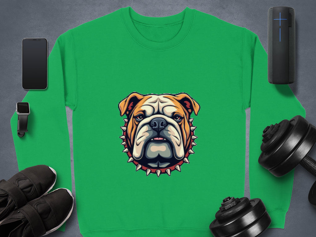 A Garment Graphics green sweatshirt with a bulldog and spiked collar graphic stands out. Nearby are items like a smartphone, smartwatch, wireless speaker, black sneakers, and dumbbells on a gray surface. Unisex sizing makes this versatile piece both trendy and stylish.