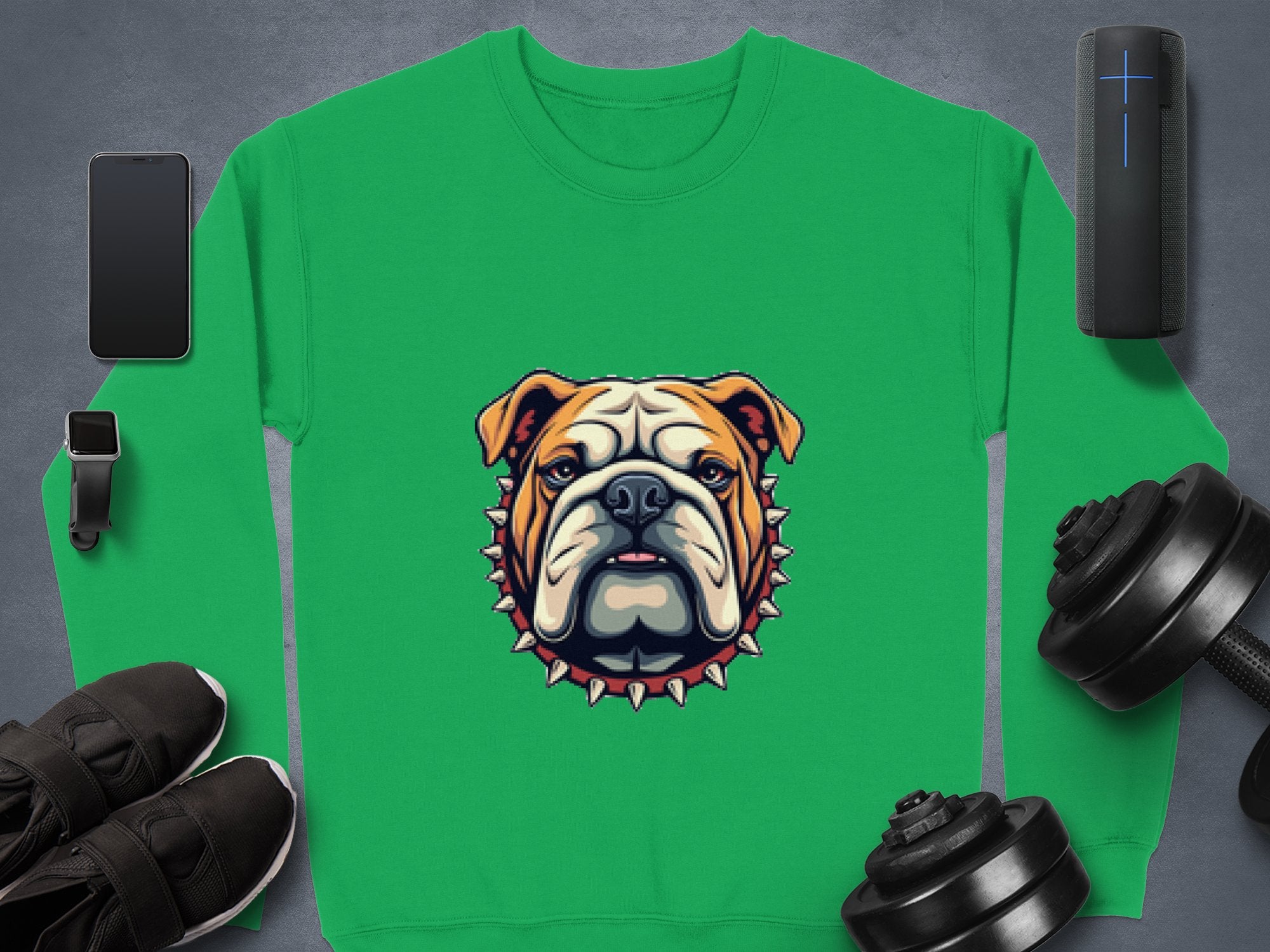 A Garment Graphics green sweatshirt with a bulldog and spiked collar graphic stands out. Nearby are items like a smartphone, smartwatch, wireless speaker, black sneakers, and dumbbells on a gray surface. Unisex sizing makes this versatile piece both trendy and stylish.