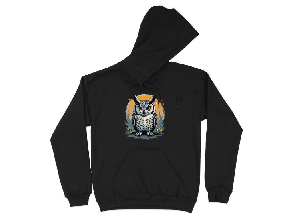 Garment Graphics presents a medium-heavy fabric hoodie with an owl illustration, featuring bold eyes and feathers against an orange circle. The classic fit includes a front pocket and adjustable drawstrings for both comfort and style.