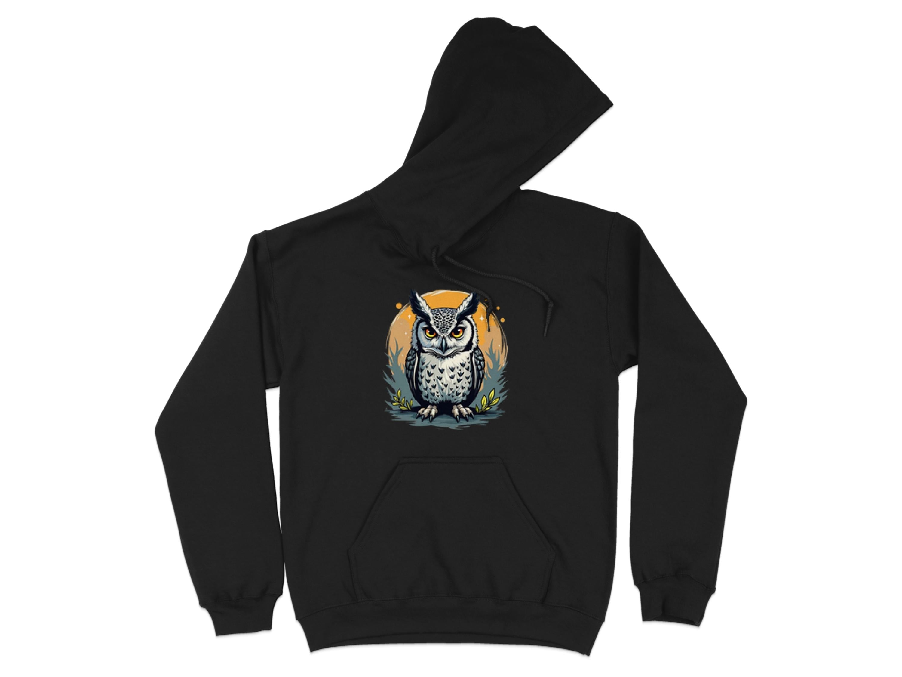 Garment Graphics presents a medium-heavy fabric hoodie with an owl illustration, featuring bold eyes and feathers against an orange circle. The classic fit includes a front pocket and adjustable drawstrings for both comfort and style.