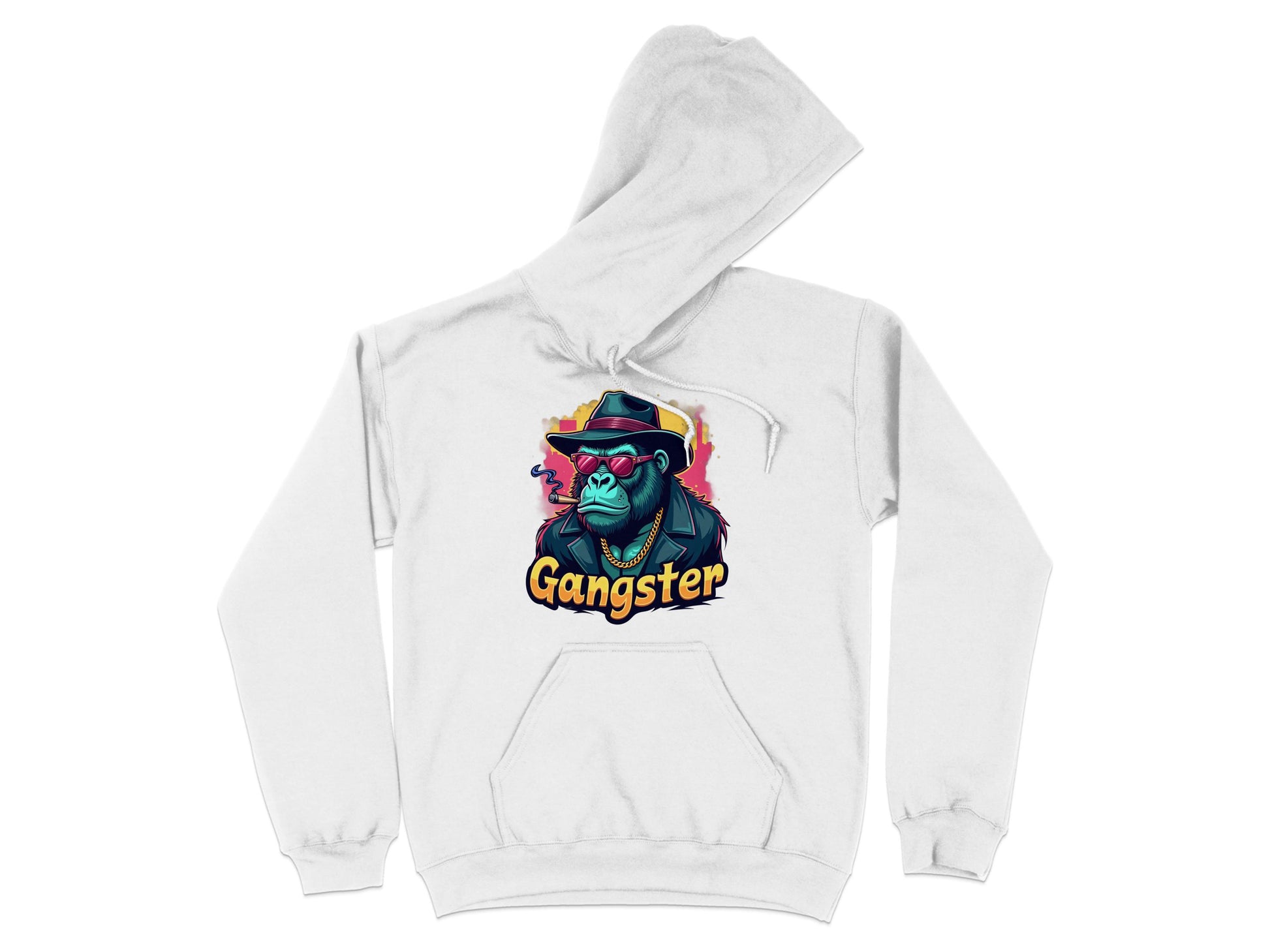 White hoodie from Garment Graphics showcases a hipster urban design of a green gorilla wearing a black hat and sunglasses, smoking a cigar. The bold, colorful text Gangster Ape is displayed below the image.