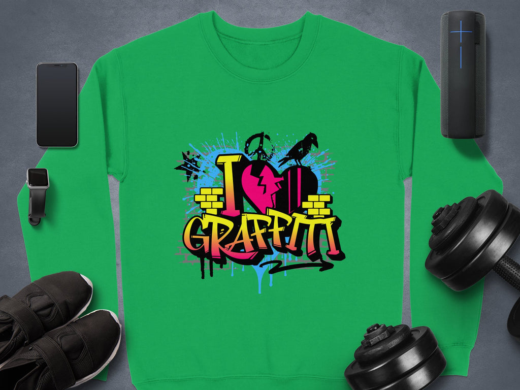Garment Graphics urban-style green sweatshirt showcases a vibrant I Love Graffiti design with spray paint elements, styled on a flat neutral background amidst a smartphone, smartwatch, sneakers, wireless speaker, and dumbbells.