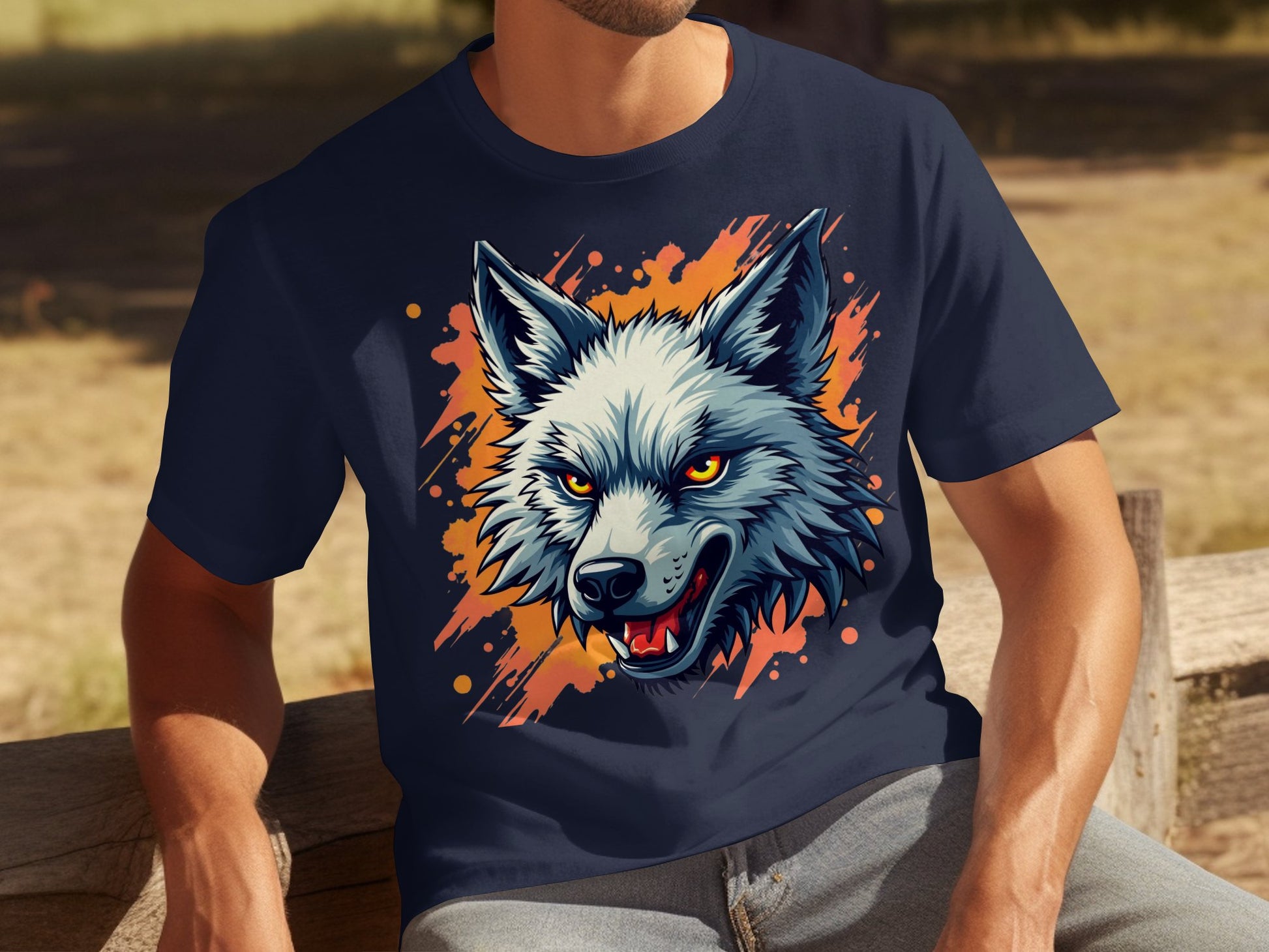 A person wearing a Garment Graphics navy blue t-shirt with a fearless wolf graphic in orange and white sits outdoors on a wooden bench, surrounded by grass and trees.