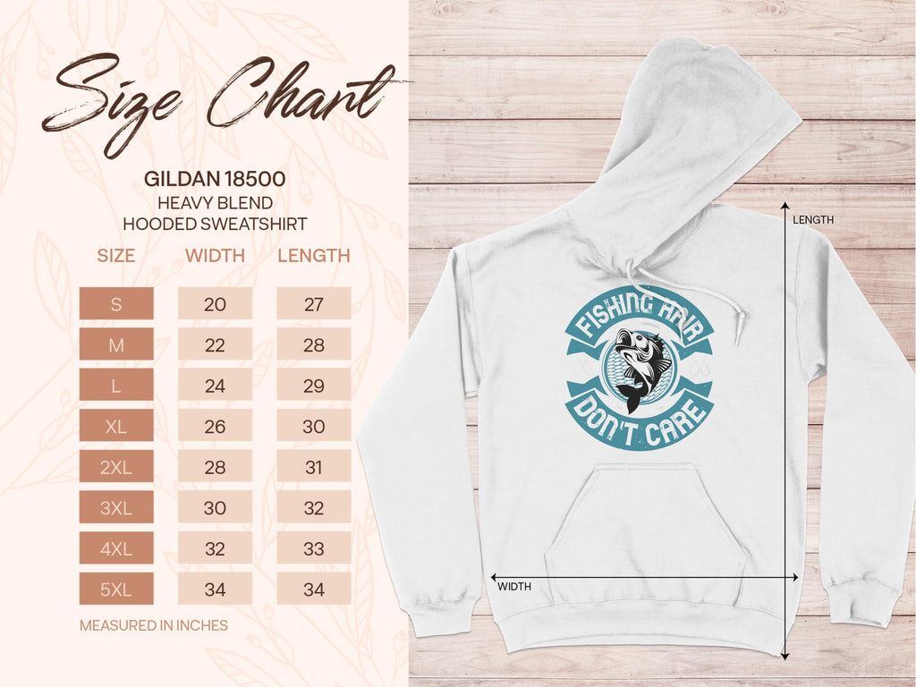 Image of a Garment Graphics white graphic hoodie with Fishing Hair Dont Care and a fish illustration. With a size chart showing dimensions in inches from S to 5XL, it’s perfect for any anglers casual wardrobe.