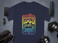 Garment Graphics presents a navy blue T-shirt with Woodstock 1969, a bird, and a retro van with flowers. Ideal for music lovers, it complements your smartphone, wireless speaker, smartwatch, sneakers, and weights for a harmonious lifestyle.