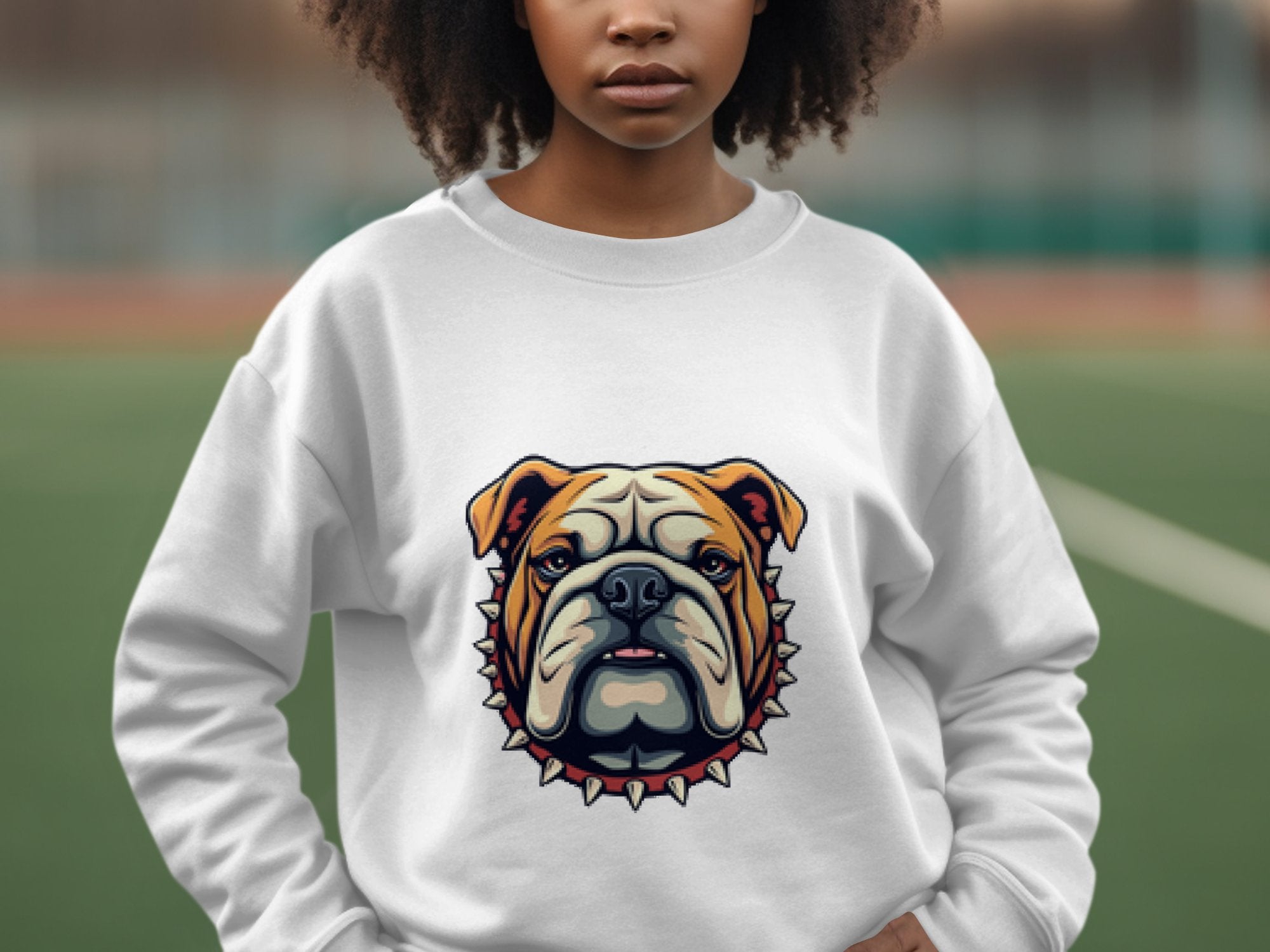 A person with curly hair wears a Garment Graphics white sweatshirt showcasing a bulldog with a spiked collar. They stand in front of a blurred outdoor sports field, highlighting the pieces unisex sizing versatility.