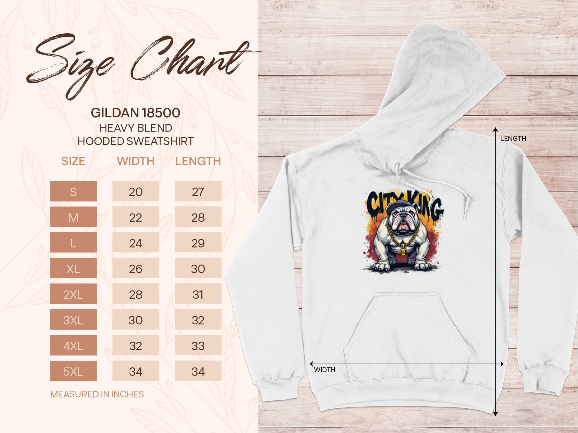 White hooded sweatshirt by Garment Graphics with a bold bulldog wearing a crown above City King, exuding urban edge style. The fiery background adds flair. A size chart for the Gildan 18500 City King hoodies is on the left, detailing measurements in inches from S to 5XL.