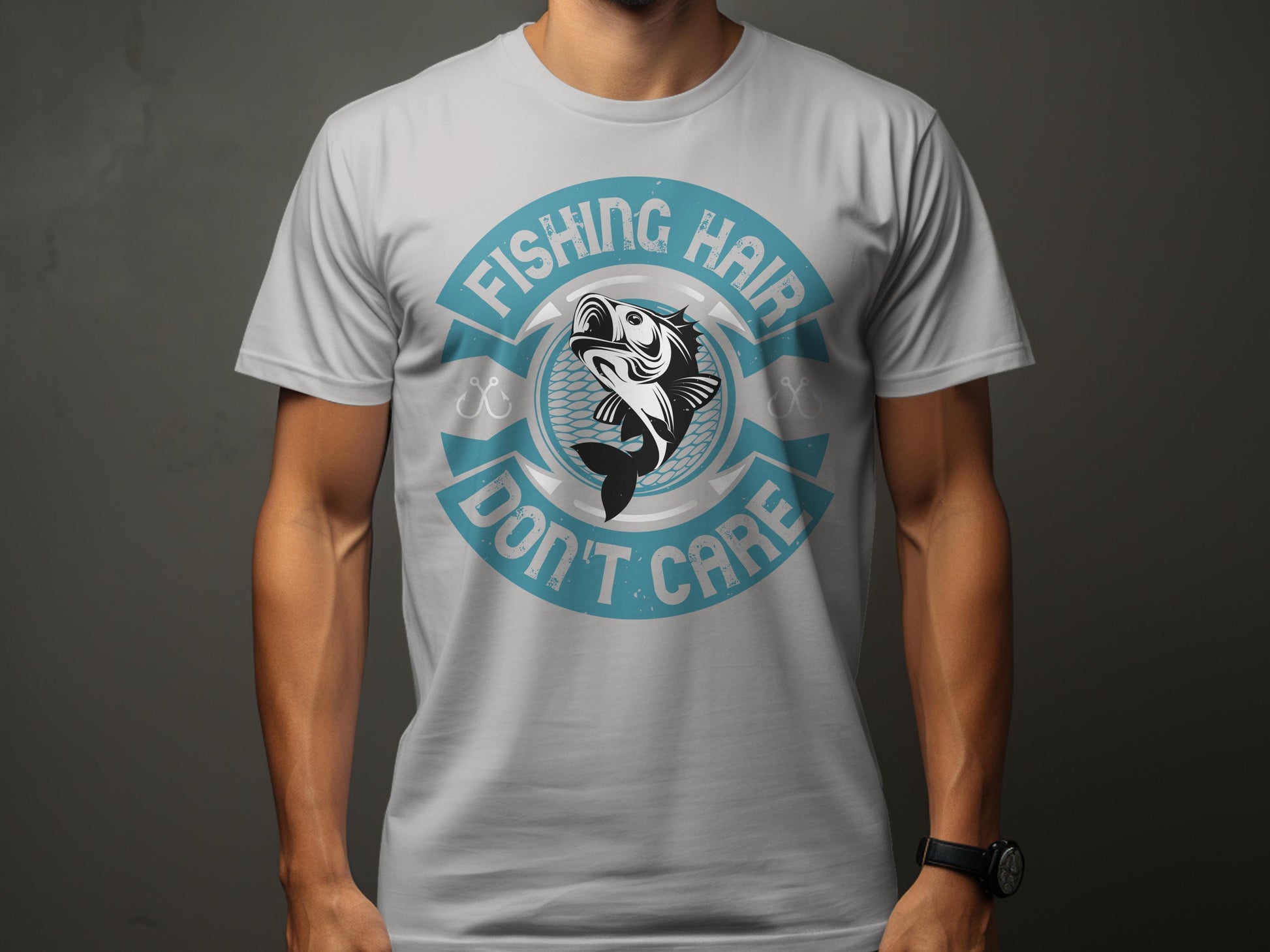 A fishing enthusiast wears a unique Garment Graphics t-shirt featuring a bold fishing graphic and playful Fishing Hair Dont Care text on a gray background, adding a touch of mystery.