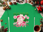 Discover Garment Graphics Wild Side Sweatshirt in green, boasting bold graphics of a person with a rose and the text HANDS OFF! It features holiday accents like pine branches, ornaments, candy canes, and coffee. Available in unisex sizing for ultimate comfort.