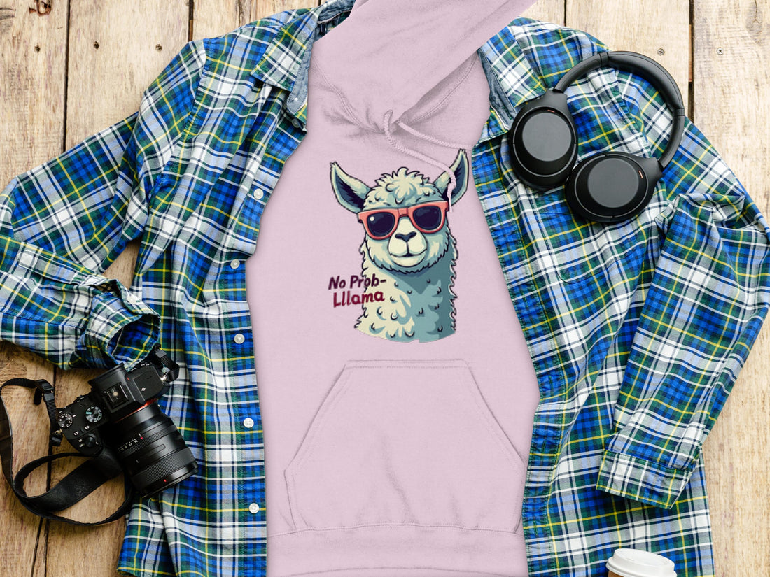 A person wears a Garment Graphics unisex black hoodie featuring an alpaca graphic wearing sunglasses. The phrase No Prob-Llama complements the illustration as they pose against a plain white background.