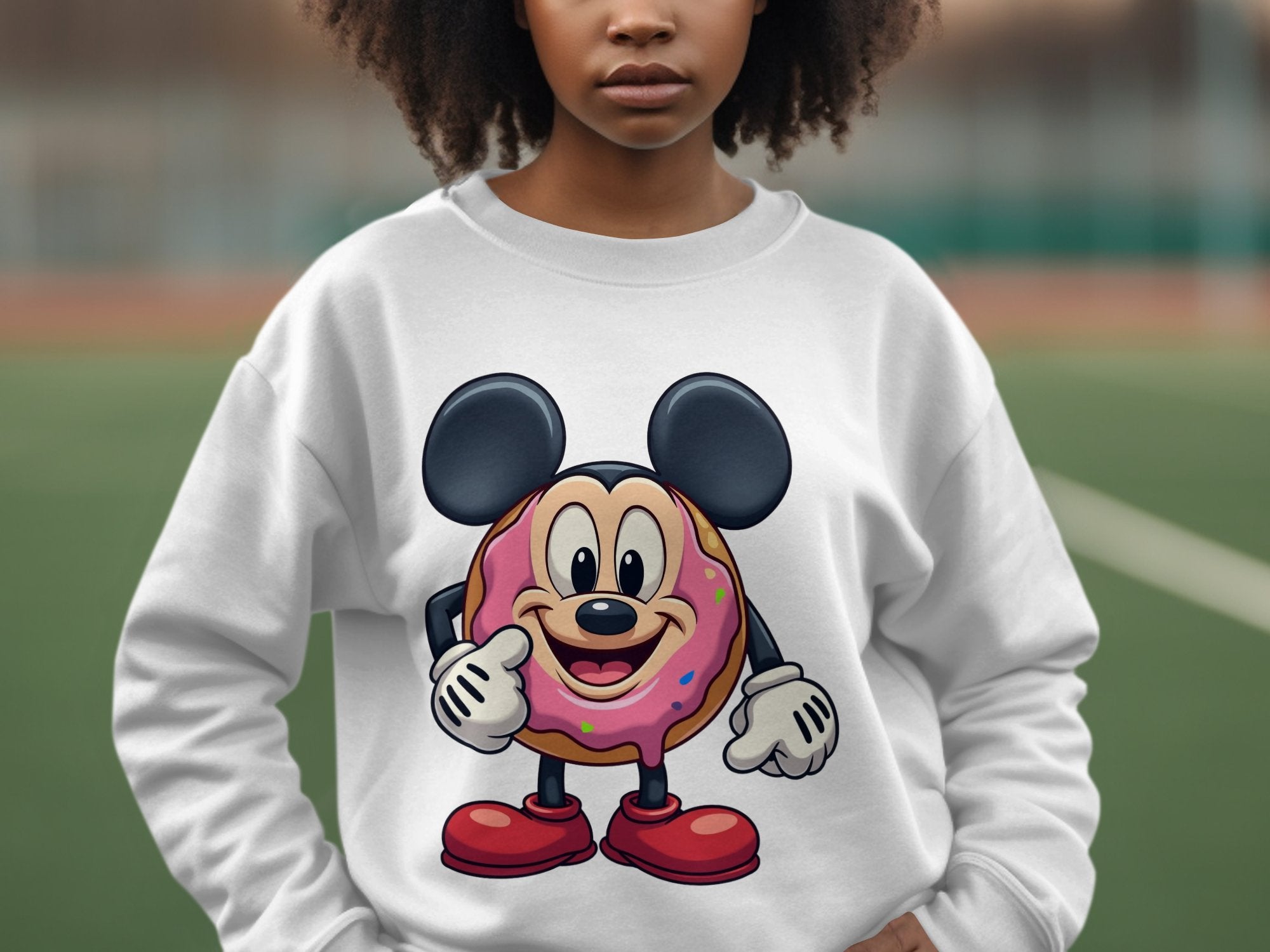 Someone is wearing a white sweatshirt from Garment Graphics featuring a donut character with large ears, gloves, red shoes, and a sprinkle-textured body. The fun design comes in unisex sizing and is displayed against a blurred outdoor scene.