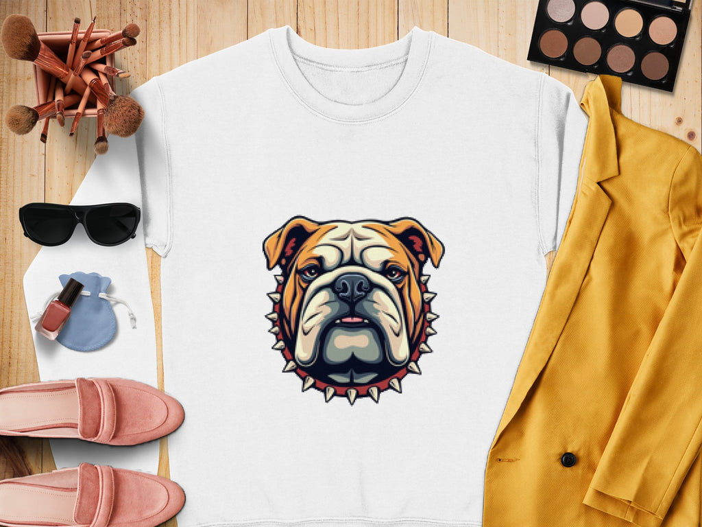A flat lay displays Garment Graphics white unisex sweatshirt with a bulldog design, paired with a yellow jacket, pink loafers, sunglasses, makeup brushes and palette, nail polish, and a blue pouch—all set on wood. Perfect for everyone!.