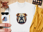 A flat lay displays Garment Graphics white unisex sweatshirt with a bulldog design, paired with a yellow jacket, pink loafers, sunglasses, makeup brushes and palette, nail polish, and a blue pouch—all set on wood. Perfect for everyone!.