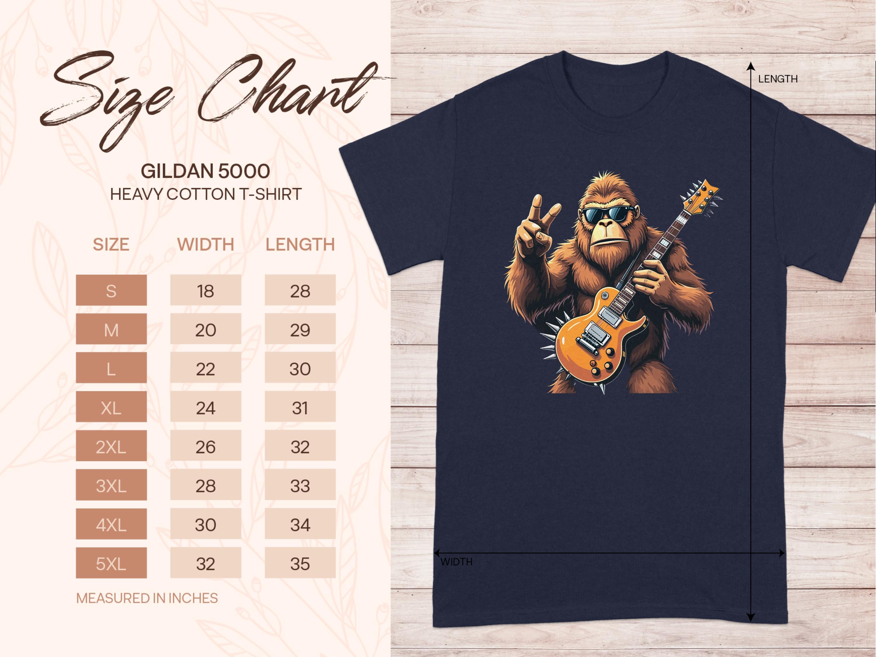 Garment Graphics T-shirt showcases a gorilla with an electric guitar making a peace sign, ideal for music enthusiasts. Size chart available for Gildan 5000 Heavy Cotton T-shirt, with measurements from small to 5XL.