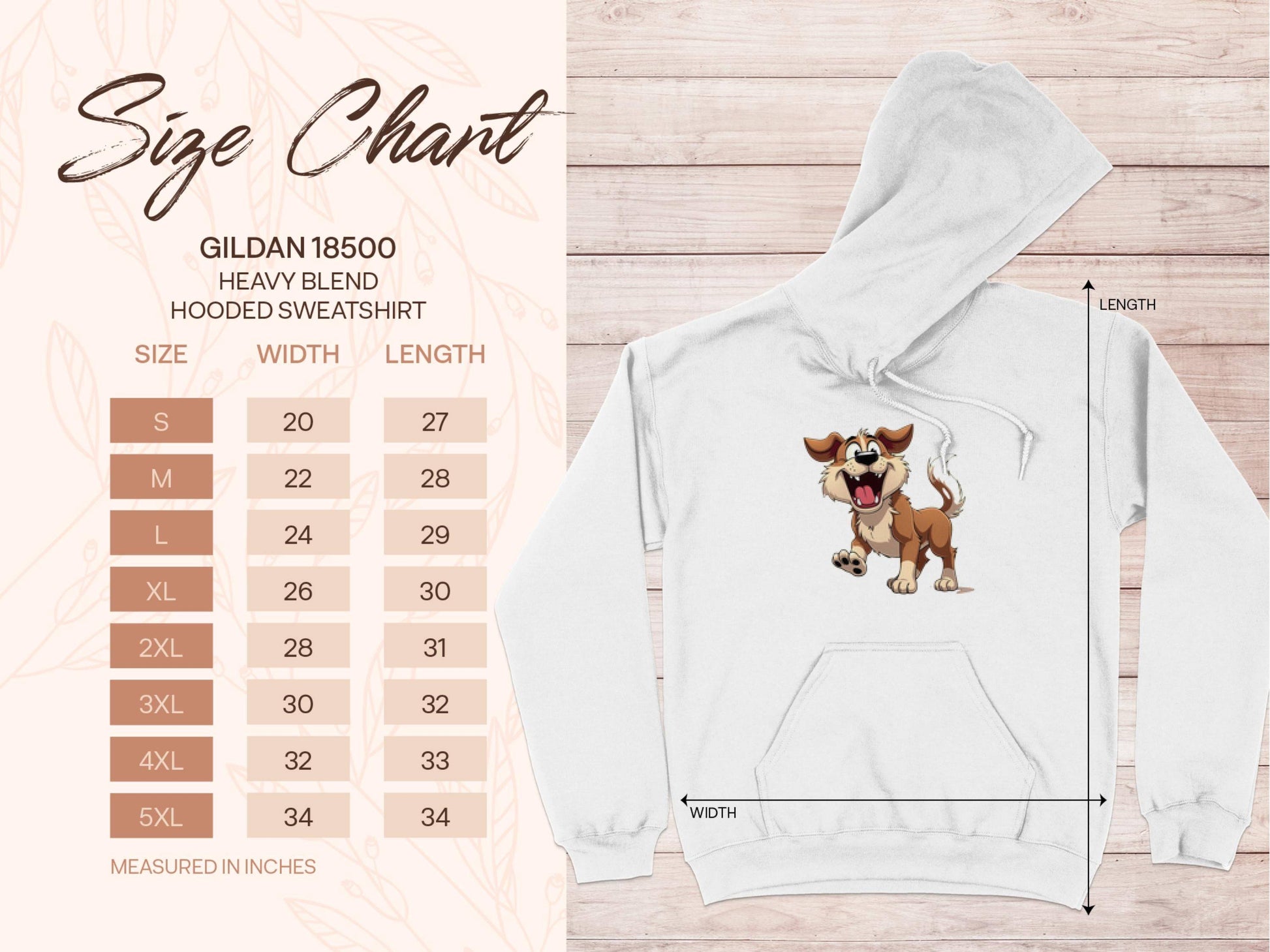 On the left, youll find a size chart for Garment Graphics Gildan 18500 heavy blend hooded sweatshirt (sizes S-5XL with width and length in inches). On the right, discover a fun addition: a white hoodie with a cartoon puppy in sunglasses and a spiked collar. Ideal for dog lovers!.