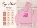 The Garment Graphics Always Party Beach Girl hoodie features a vibrant pink text design, ideal for casual style enthusiasts. With a Gildan 18500 size chart, it offers sizes S to 5XL and showcases playful leaf patterns while detailing width and length in inches.