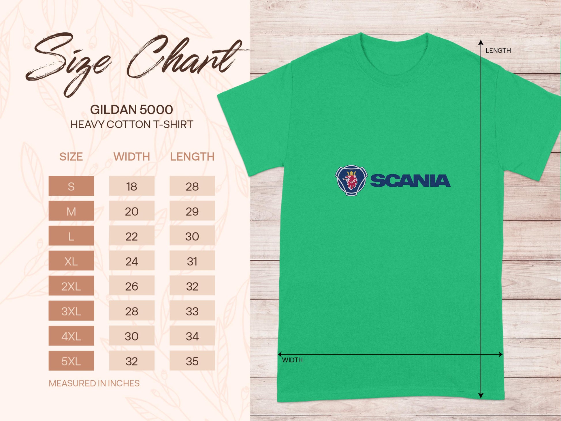 A Garment Graphics green T-shirt with the Scania logo, available in sizes S to 5XL (inches), is featured alongside a size chart. Made from Gildan 5000 heavy cotton, its part of our exclusive Scania merchandise collection.
