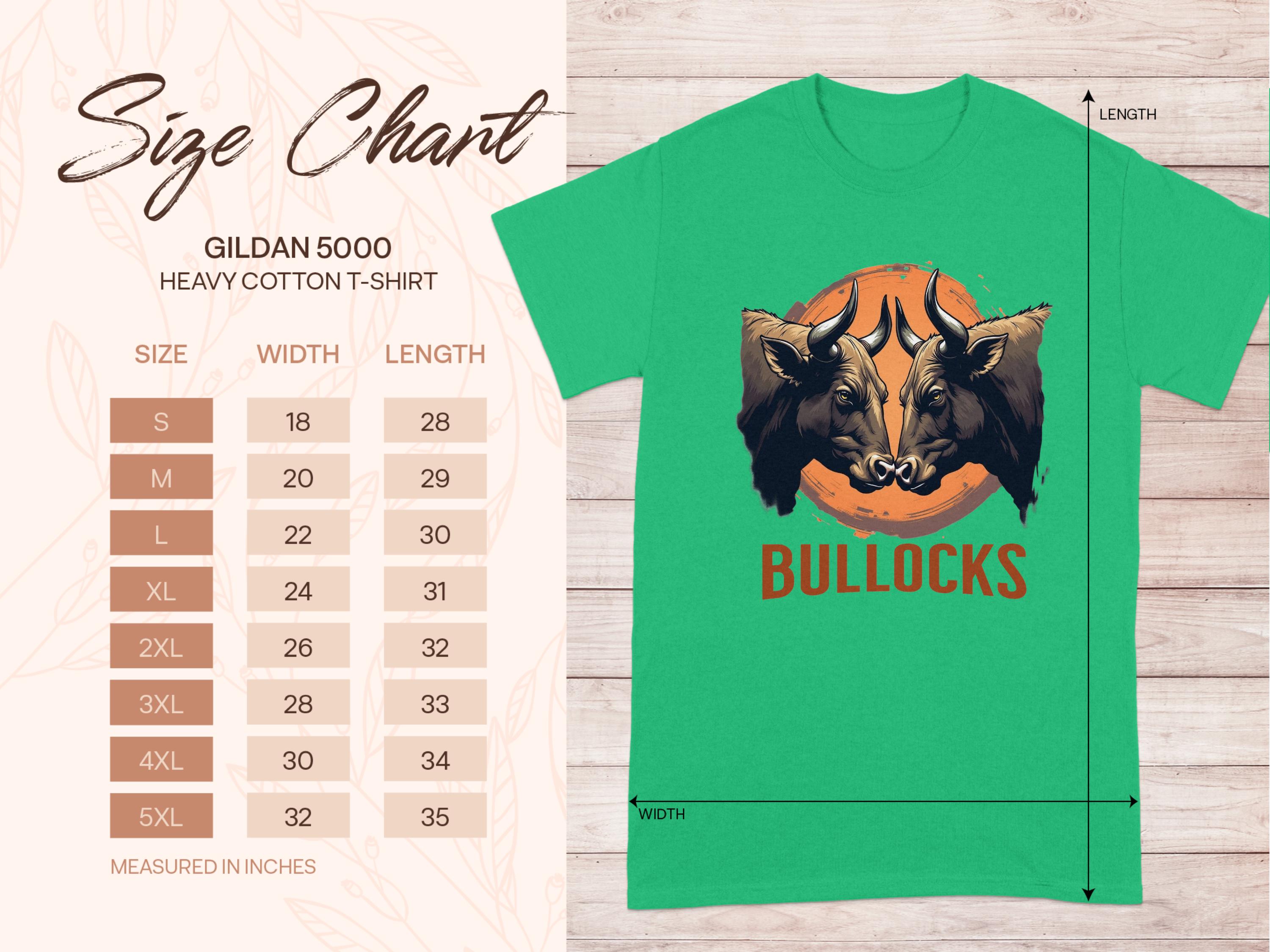 Image of a green T-shirt with two bulls and BULLOCKS below. Size chart on the left shows Family Sizing from S to 5XL in inches. This Classic Fit Bullocks Pintable T-Shirt by Garment Graphics offers comfort for every fan.