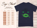 Garment Graphics presents a dark blue graphic T-shirt with Happy St. Patricks Day text, two green clovers, and a bold green lip print. It includes a Gildan 5000 heavy cotton size chart (S to 5XL) detailing width and length in inches.