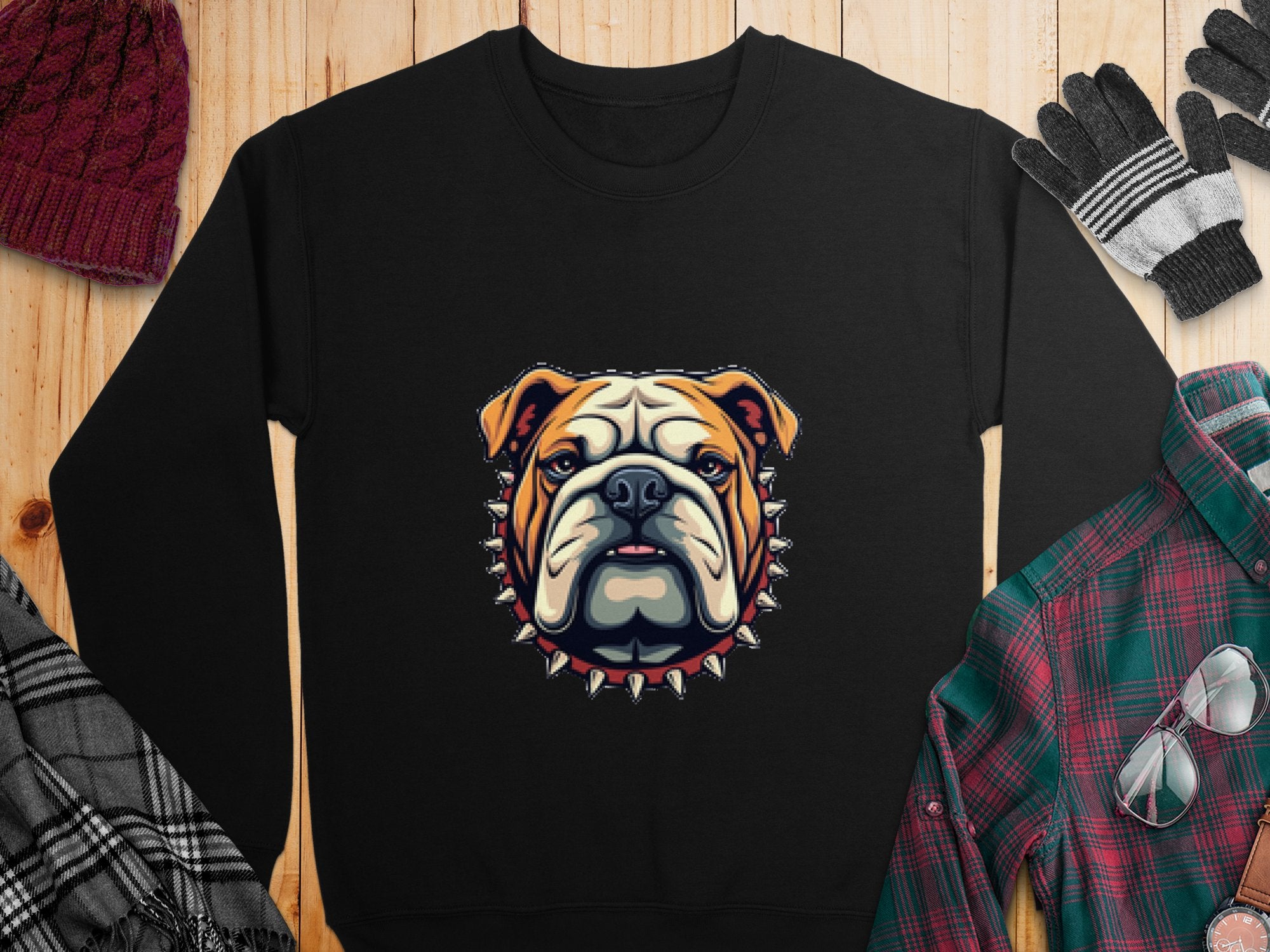 Garment Graphics offers a unisex black sweatshirt with a bold bulldog and spiked collar design, accompanied by stylish accessories: a red knit hat, black and white gloves, a checkered scarf, and a green and red plaid shirt, all displayed on a wooden surface for diverse style appeal.
