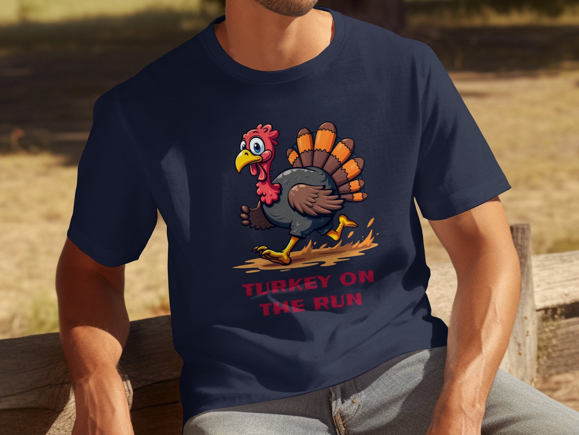 A person sits outdoors on a wooden bench in a navy Garment Graphics T-shirt featuring a funny sprinting turkey cartoon with Turkey on the Run text. The blurred background reveals trees and grass.