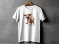 Dog lovers will adore this Garment Graphics white T-shirt on a hanger, featuring a cartoon dog with floppy ears and a wagging tail on a gray background.