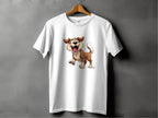 Dog lovers will adore this Garment Graphics white T-shirt on a hanger, featuring a cartoon dog with floppy ears and a wagging tail on a gray background.