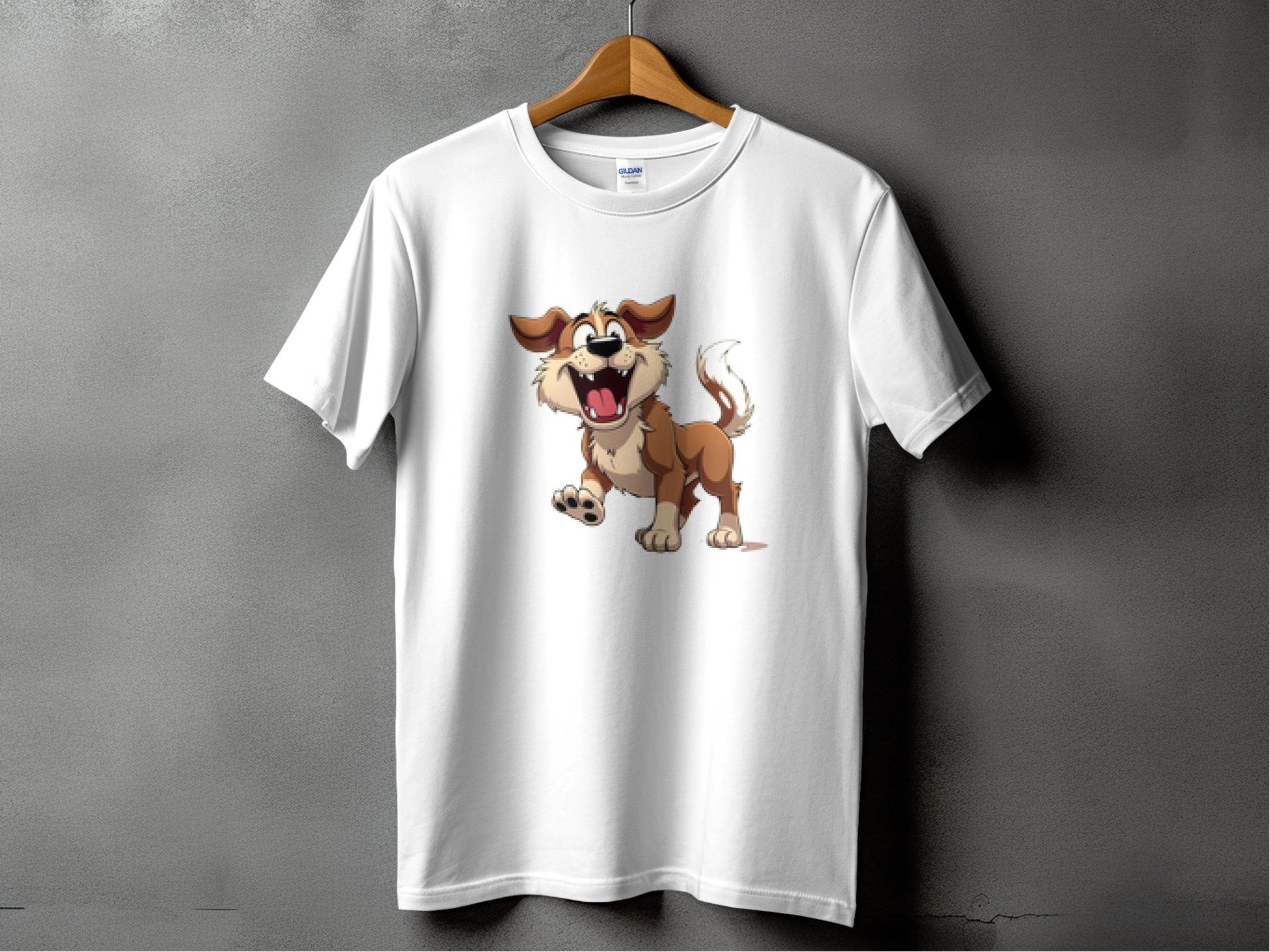 Dog lovers will adore this Garment Graphics white T-shirt on a hanger, featuring a cartoon dog with floppy ears and a wagging tail on a gray background.