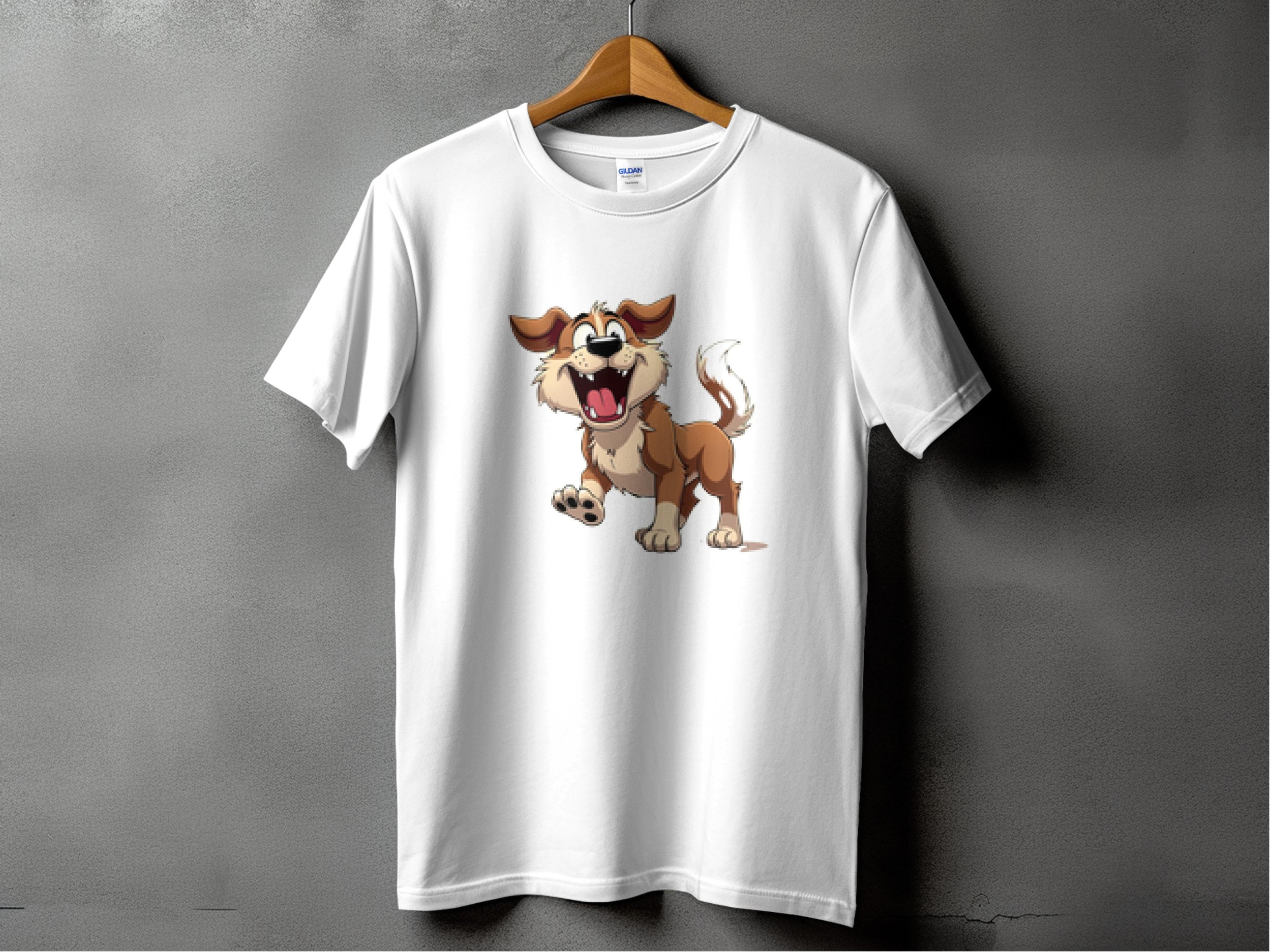 Dog lovers will adore this Garment Graphics white T-shirt on a hanger, featuring a cartoon dog with floppy ears and a wagging tail on a gray background.