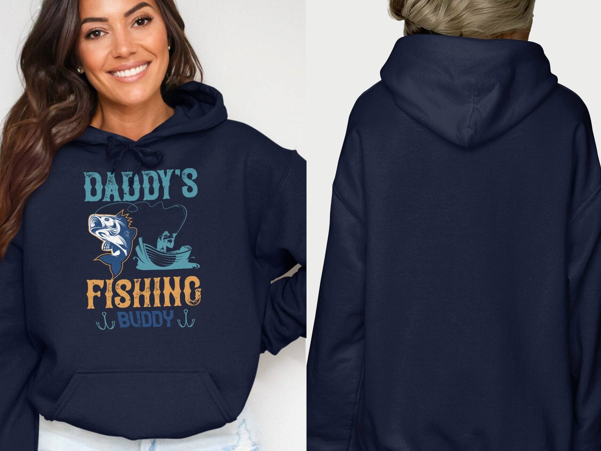 Discover outdoor adventures with Garment Graphics hoodie, featuring a vibrant fish and boat design. Daddys Fishing Buddy is boldly displayed on the front, while the back stays plain for versatility—ideal for fishing enthusiasts and style-seekers.