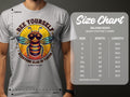 A cool bee in sunglasses decorates this gray Garment Graphics t-shirt with the slogan, Bee Yourself, Everyone Else Is Taken, Summer Edition. Available in family sizes, from S to 5XL, featuring Gildan 5000 heavy cotton.