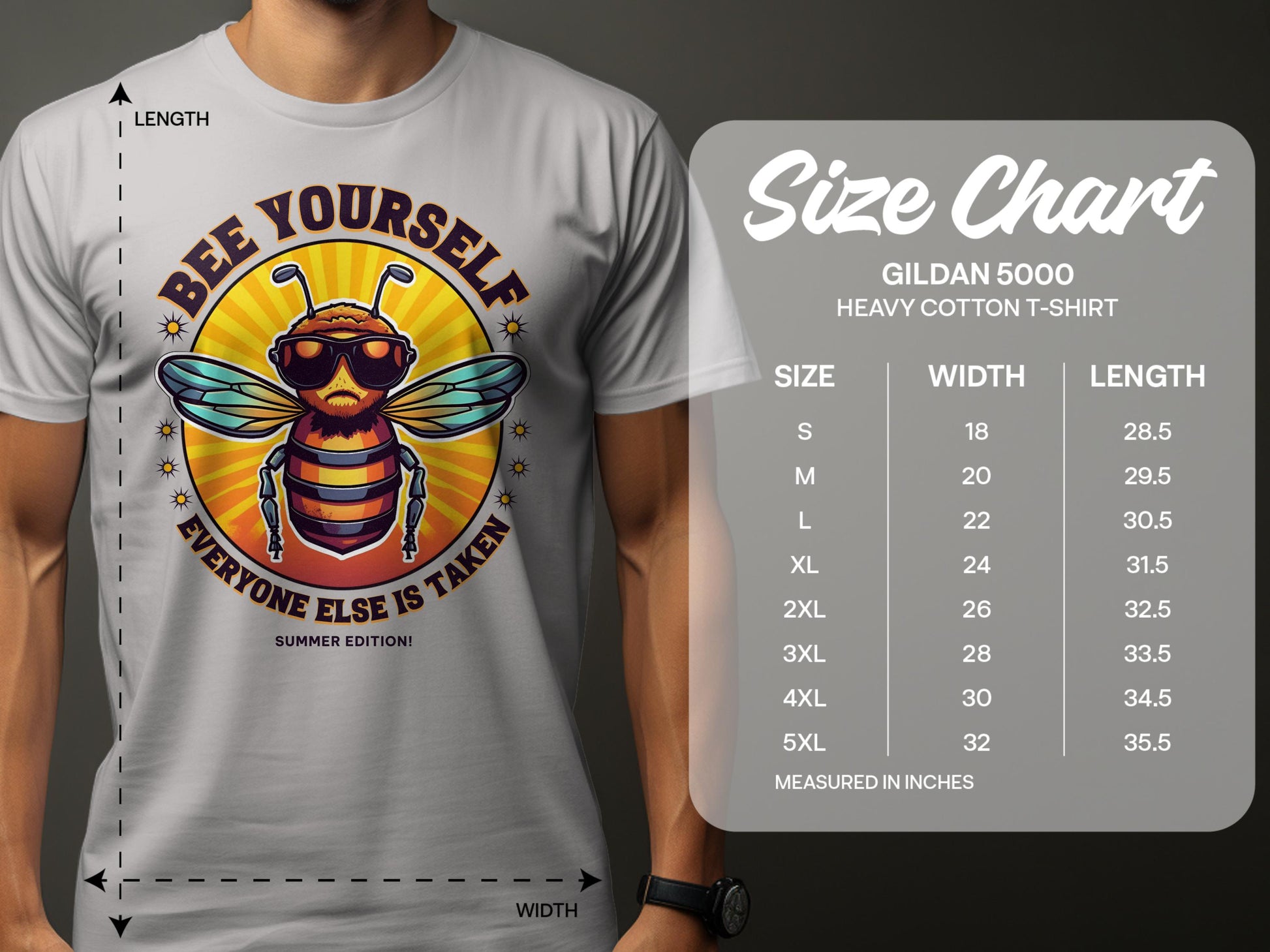 A cool bee in sunglasses decorates this gray Garment Graphics t-shirt with the slogan, Bee Yourself, Everyone Else Is Taken, Summer Edition. Available in family sizes, from S to 5XL, featuring Gildan 5000 heavy cotton.