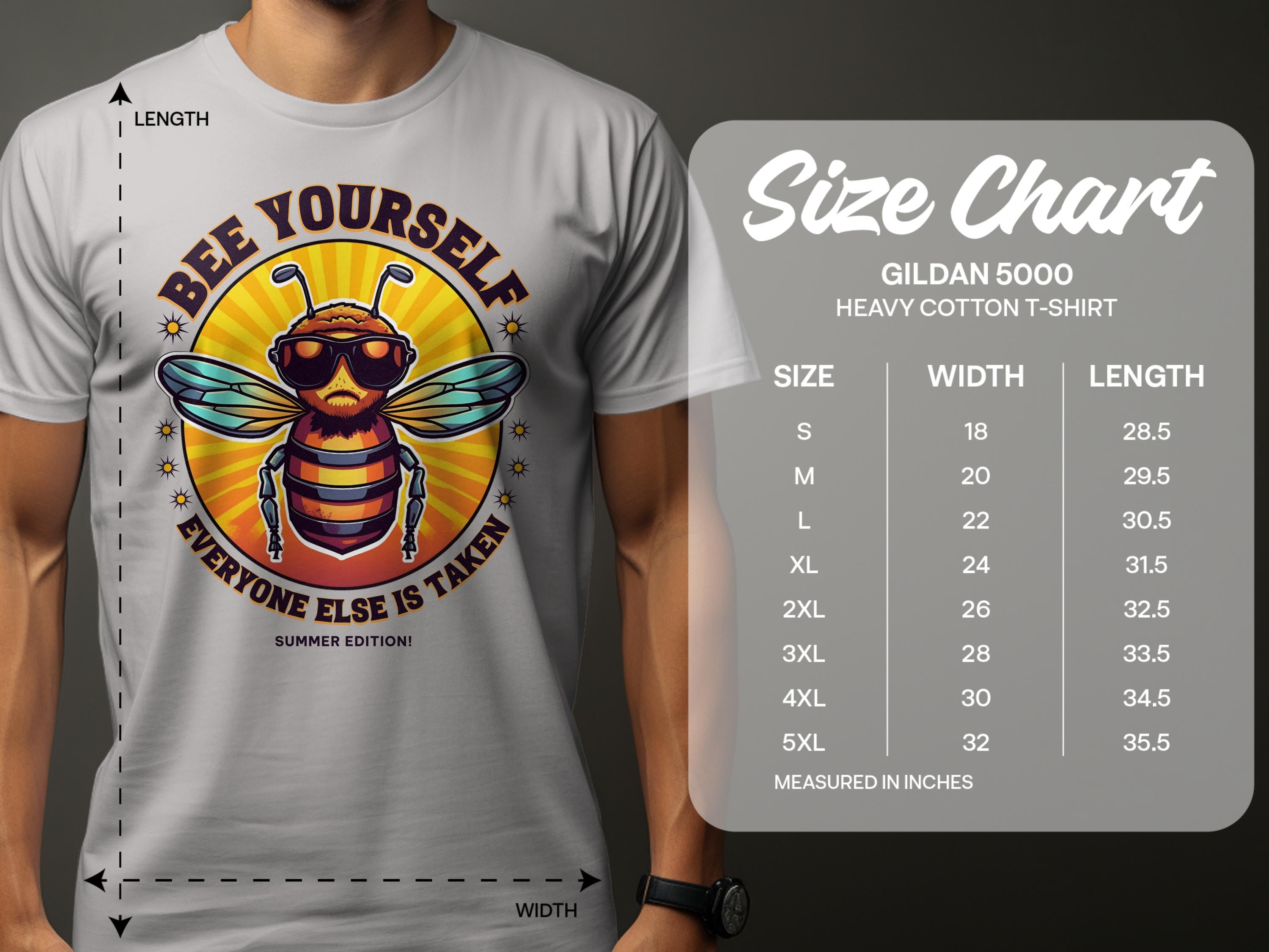 A cool bee in sunglasses decorates this gray Garment Graphics t-shirt with the slogan, Bee Yourself, Everyone Else Is Taken, Summer Edition. Available in family sizes, from S to 5XL, featuring Gildan 5000 heavy cotton.