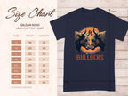 On the left, a size chart for a Garment Graphics heavy cotton T-shirt details family sizing in inches. On the right, a black classic fit tee displays two bulls facing each other above BULLOCKS on an orange circular background.