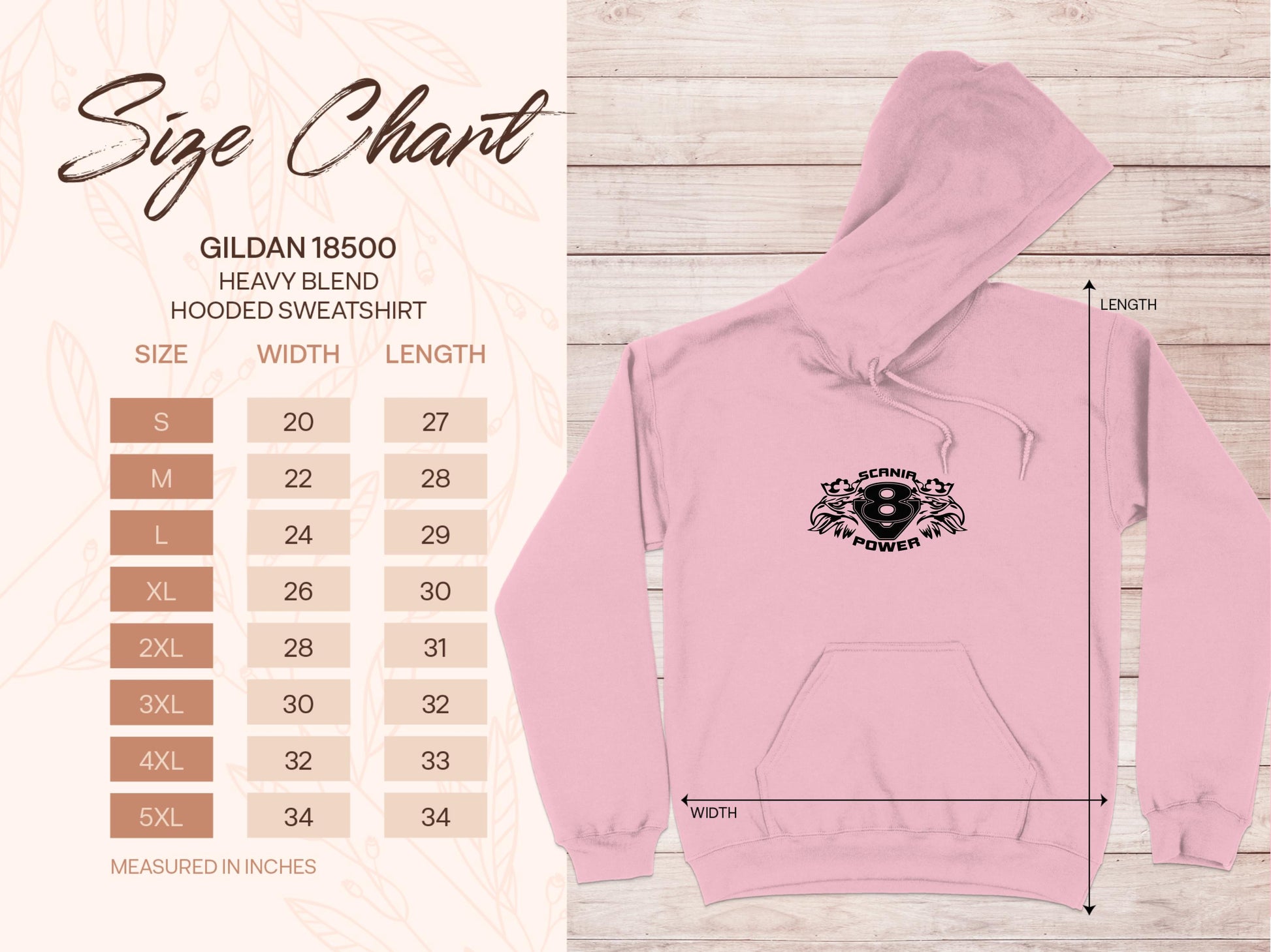 Garment Graphics size chart for a pink Gildan 18500 heavy blend hooded sweatshirt, with classic fit, ranges from S to 5XL showing width and length in inches. A bold design illustration with labeled dimensions is on the right.