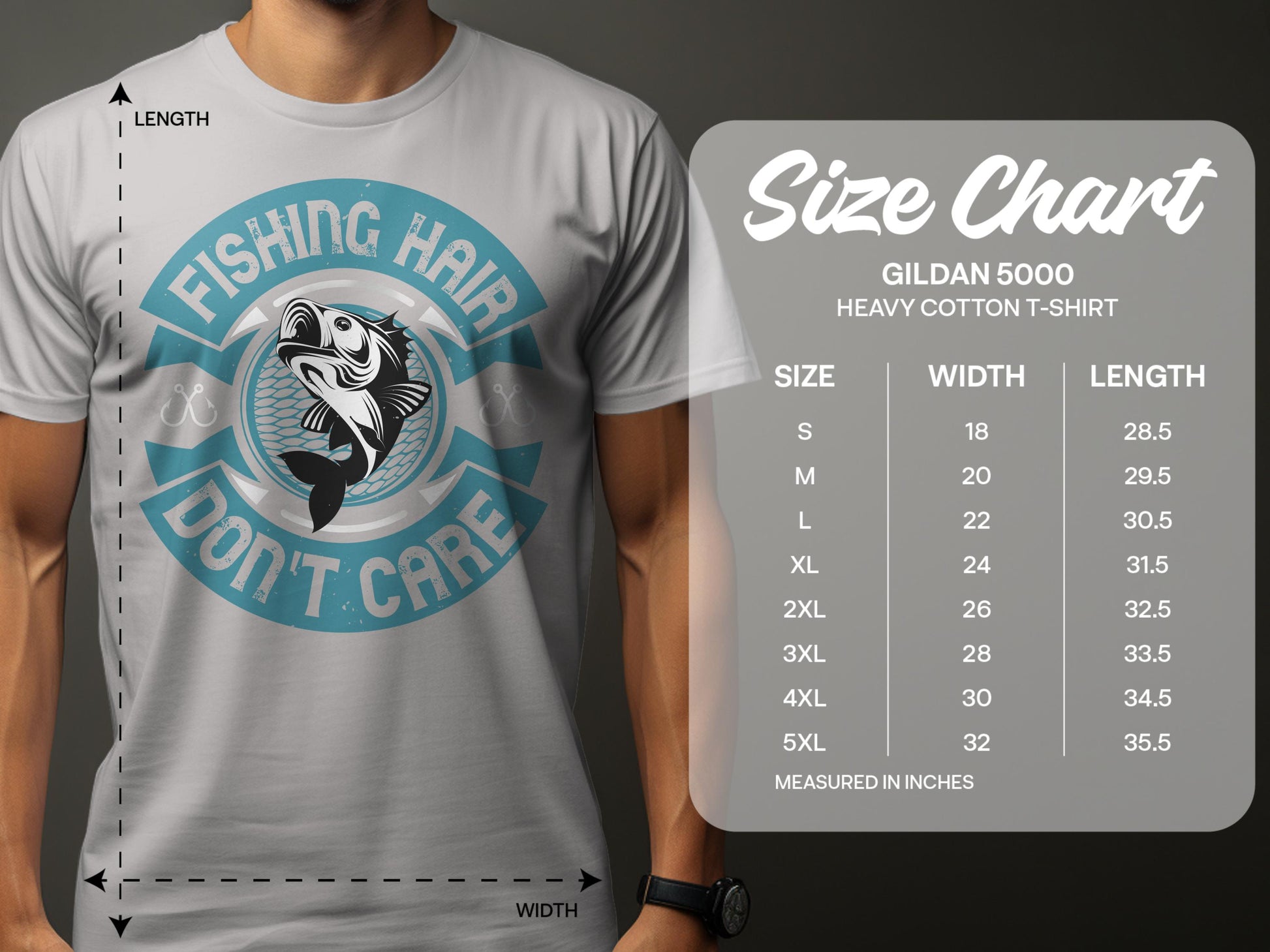 A person wears a Garment Graphics gray graphic tee with a fish and the text Fishing Hair Dont Care. Next to them is a size chart for the Gildan 5000 Heavy Cotton T-shirt, available in sizes S to 5XL, highlighting its inclusive design.