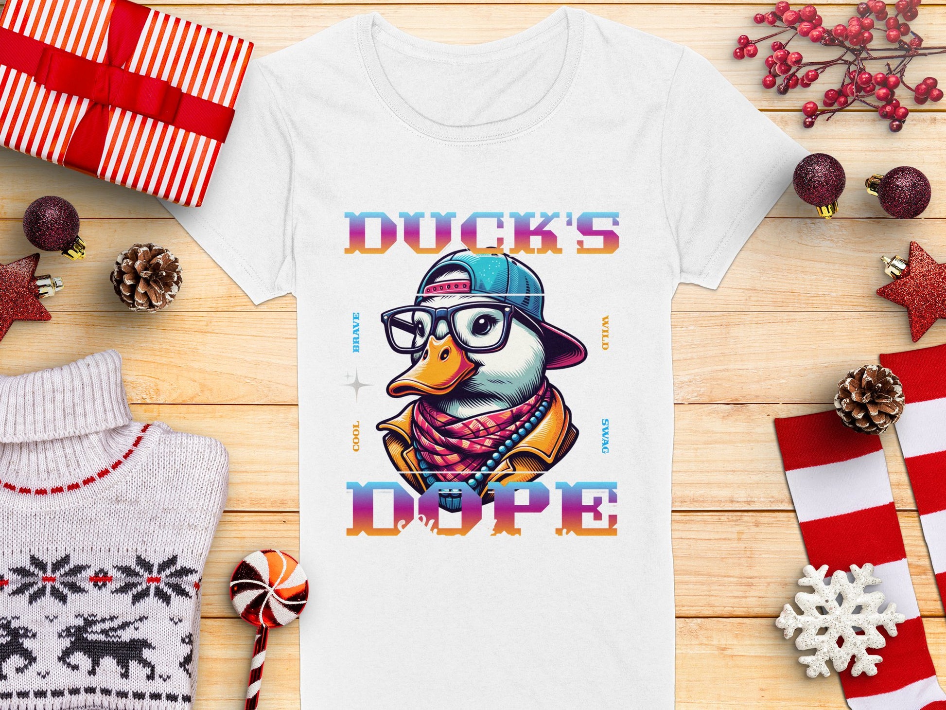 A white T-shirt by Garment Graphics showcases a cartoon duck with swag, wearing glasses, a cap, and a leather jacket. Ducks Dope is in colorful letters. Its displayed on wood with holiday decorations and wrapped gifts.