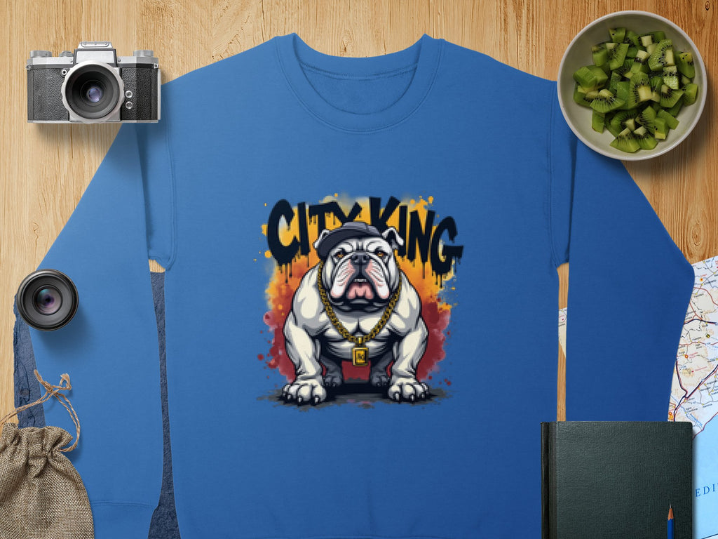 Blue CITY KING sweatshirt with bulldog and gold chain design by Garment Graphics, laid on wood with a camera, lens, fruit bowl, drawstring bag, notebook, and map.