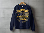 A navy Garment Graphics sweatshirt, on a wooden hanger against a gray wall, sports gold lettering: If hes got golf clubs in his truck or a camper in his driveway, I dont hire him, featuring a small camper trailer graphic for outdoor enthusiasts.