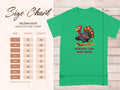 Garment Graphics green classic-fit T-shirt features a running turkey illustration with Turkey On The Run text. Sizes S to 5XL are detailed on the chart to the left. Ideal for anyone looking for a humorous turkey tee this season.