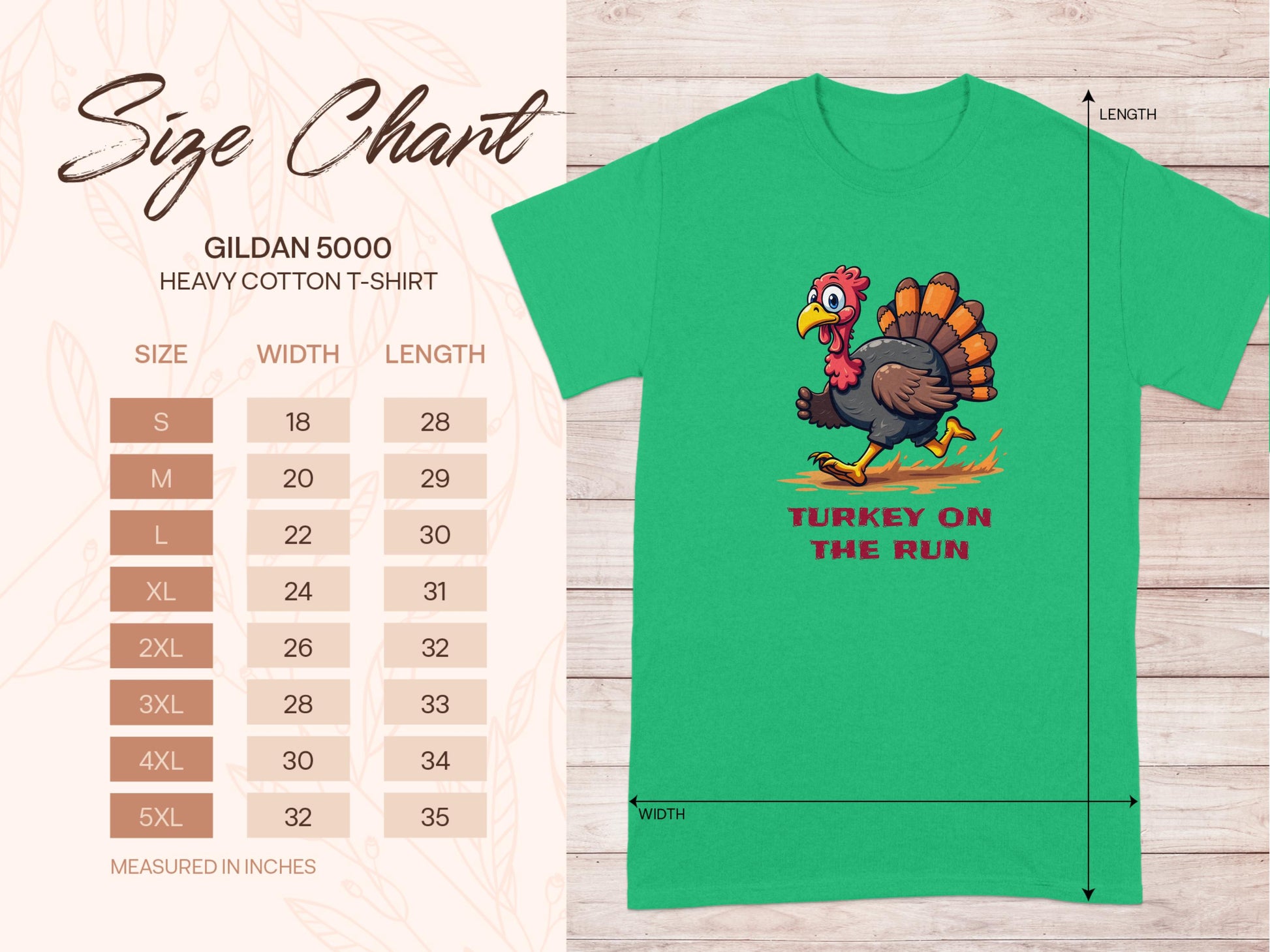 Garment Graphics green classic-fit T-shirt features a running turkey illustration with Turkey On The Run text. Sizes S to 5XL are detailed on the chart to the left. Ideal for anyone looking for a humorous turkey tee this season.