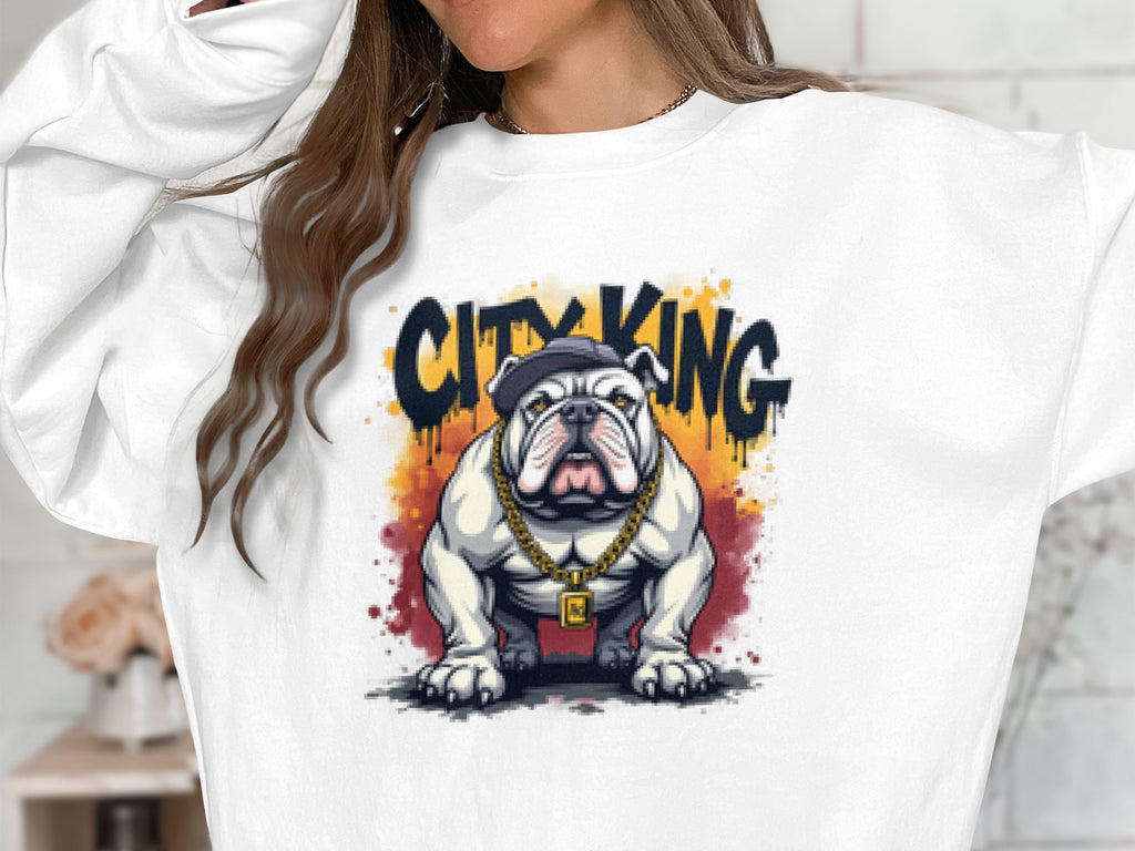 A person sports a stylish Bulldog Sweatshirt from Garment Graphics, featuring a bulldog with a gold chain and cap. City King is boldly displayed against an orange and black graffiti-style backdrop.