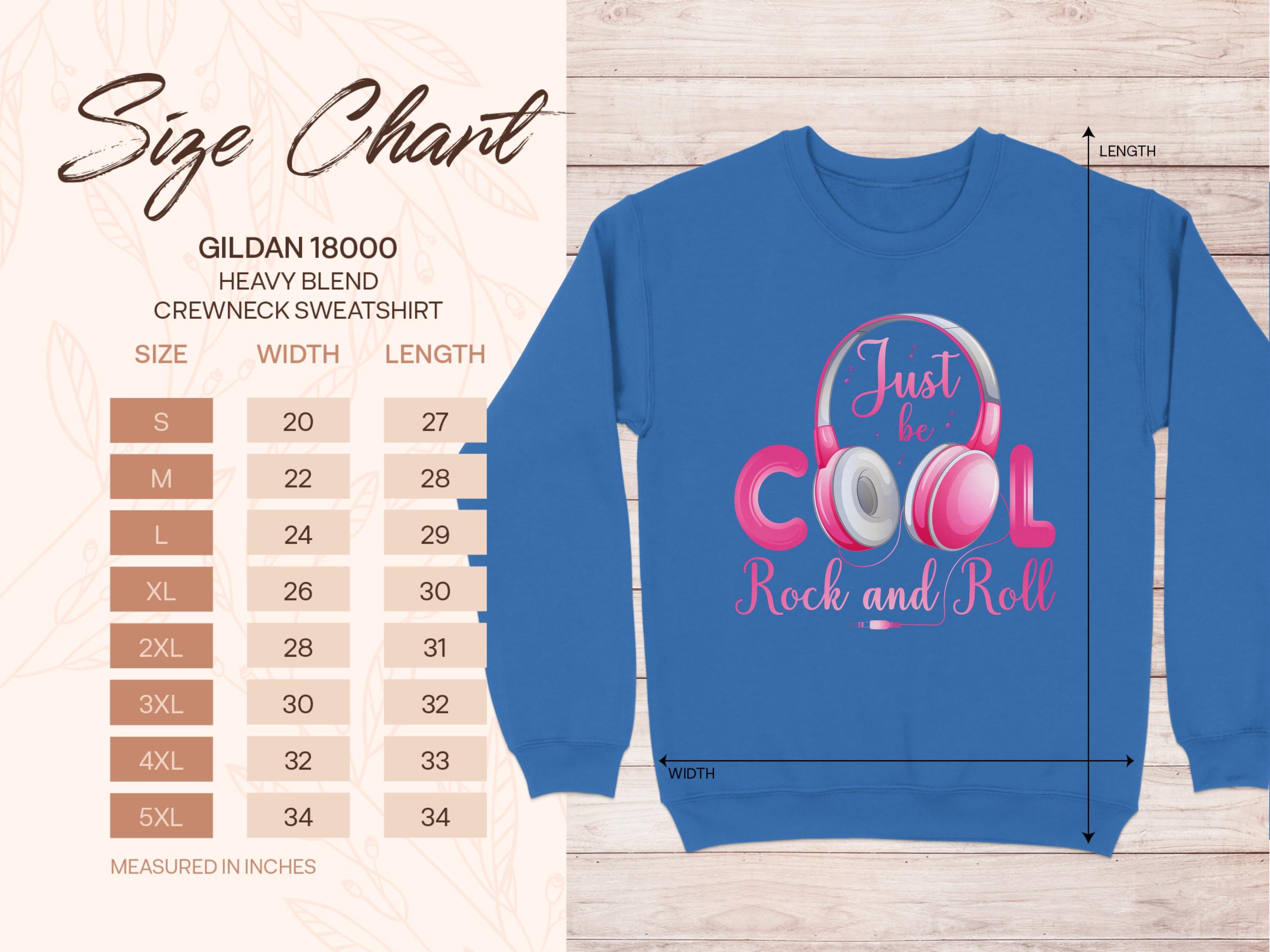 Garment Graphics offers a blue crewneck sweatshirt with a Just be Cool Rock and Roll design featuring pink headphones, perfect for music lovers. Available in sizes S to 5XL, this Gildan 18000 Heavy Blend is an ideal fashion statement piece, accented by a leaf pattern background.