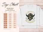 The size chart for the Garment Graphics Gildan 18000 Heavy Blend Crewneck Sweatshirt is shown with an image of a unique white sweatshirt featuring the Liberty Motorcycles Blackpool design with a skull and wings. Chart shows measurements from S to 5XL in inches.