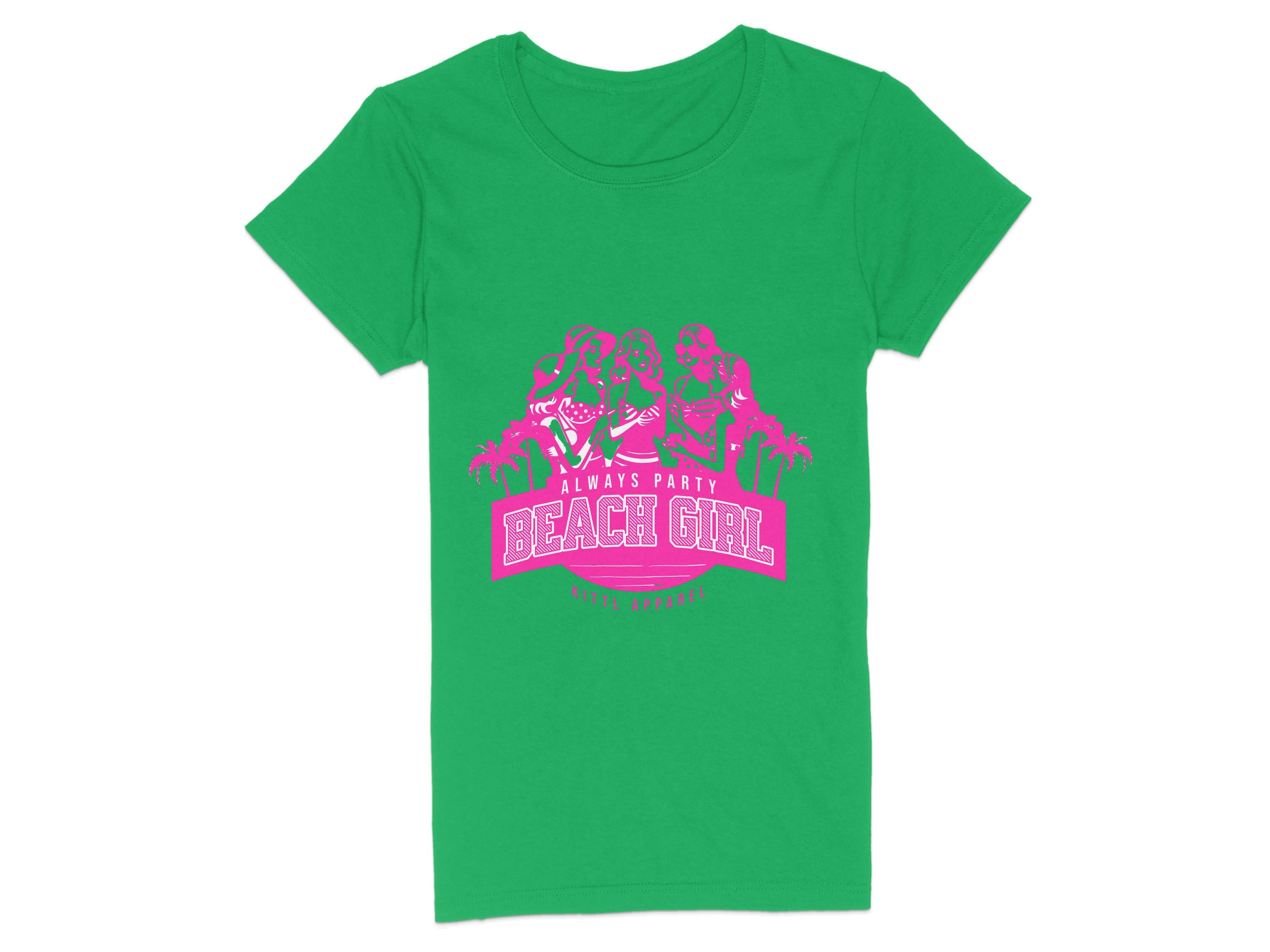 Check out Garment Graphics Womens Semi-Fitted Tee in green, featuring a pink graphic of three women in swimwear with surfboards, and Always Party Beach Girl above palm trees. Ideal for beach lovers embracing the Always Party Apparel vibe.