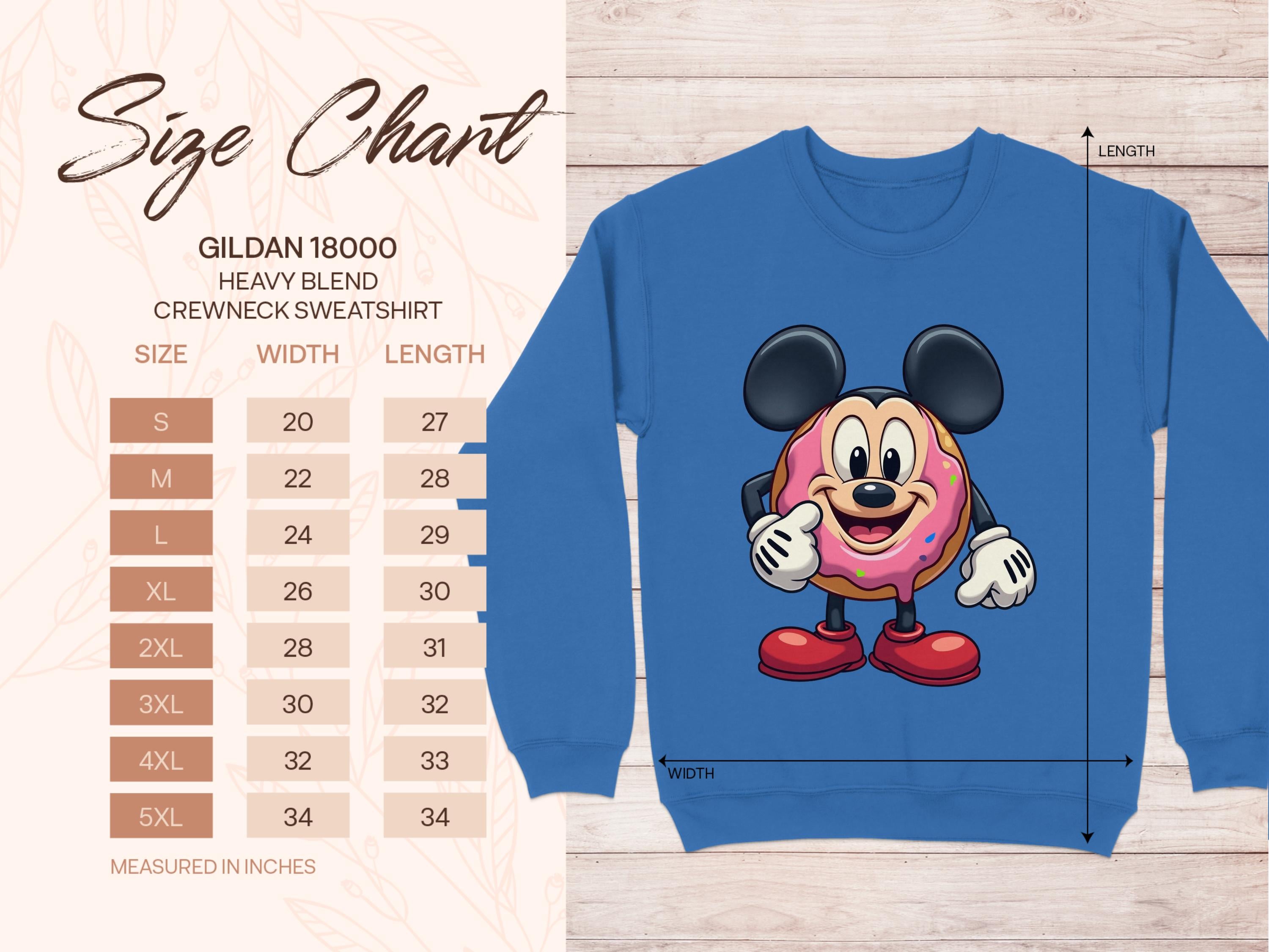 Image of a blue Garment Graphics sweatshirt with a cute cartoon donut character resembling a mouse, wearing red shoes and gloves. On the left, see the size chart for this whimsical Gildan 18000, available in S to 5XL. Add it to your playful wardrobe for extra whimsy.