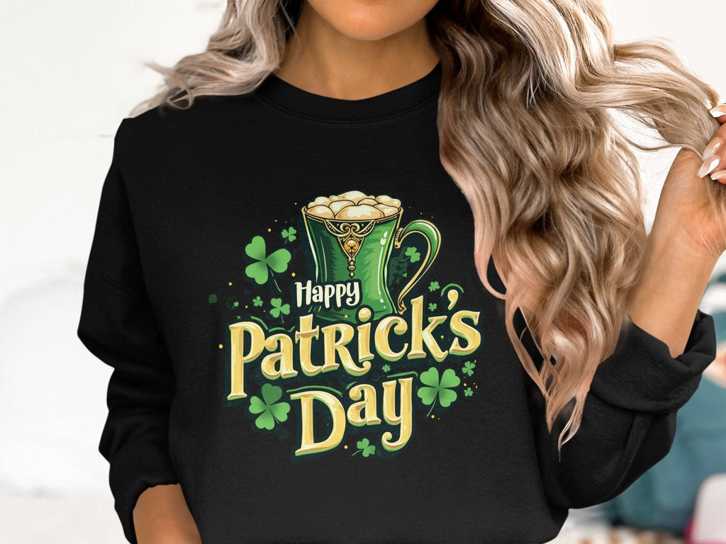 With long, wavy hair, a person sports a vibrant black Garment Graphics sweatshirt featuring a Happy Patricks Day design with a frothy beer mug and shamrocks, ideal for St. Patricks Day celebrations.