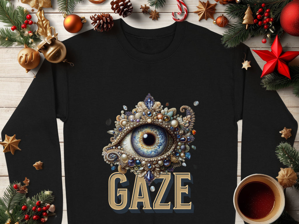 The Garment Graphics black unisex sweatshirt features an ornate Gaze eye graphic, surrounded by festive elements like pine branches, red and gold ornaments, pinecones, stars, and a cup of tea on a wooden surface.