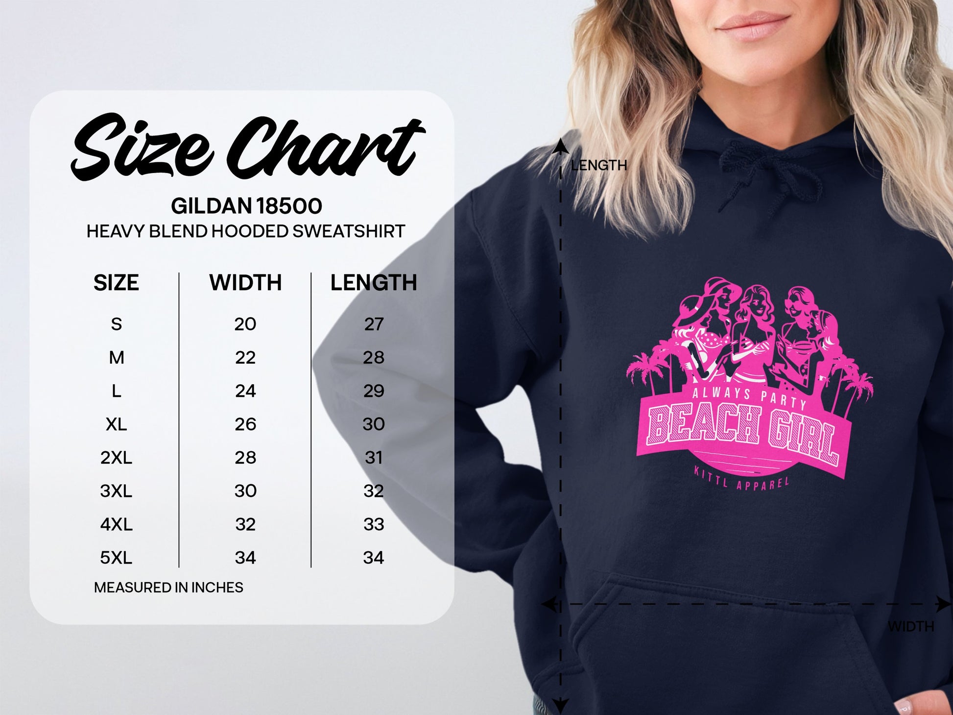 A person wears a navy hoodie from Garment Graphics, featuring the vibrant Always Party Beach Girl Kittie Apparel design with a pink graphic of three women. Beside them is a size chart of the Gildan 18500 hoodie, detailing sizes and measurements in inches, capturing its casual style essence.