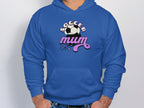 Wearing a cozy blue hoodie by Garment Graphics, a person stands against a plain background. The classic fit features Soccer Mum in bold and an illustration of a soccer ball with stars above it, offering warmth and comfort.